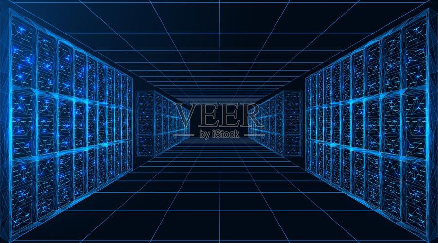 数据中心用于处理和存储信息的服务器数字超级计算机的走廊插画图片
